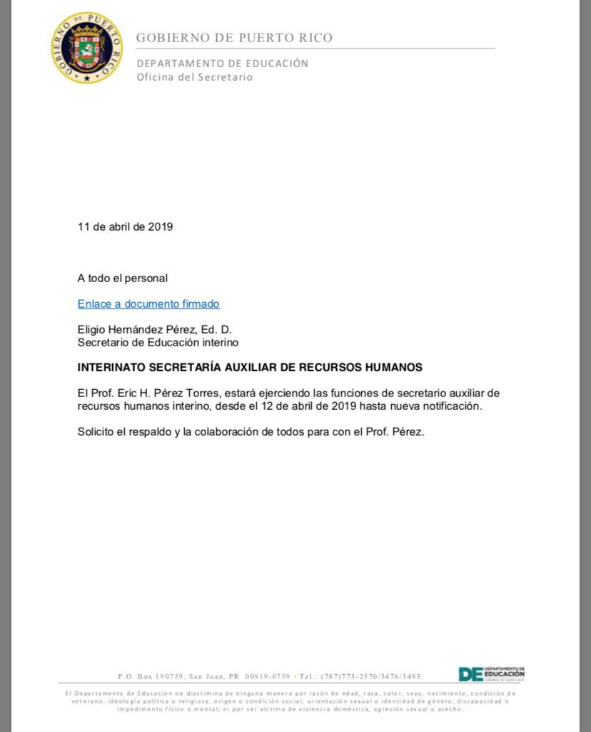 Educacion - nuevo secretario Auxiliar Recursos Humanosd - carta - abril 12 2019